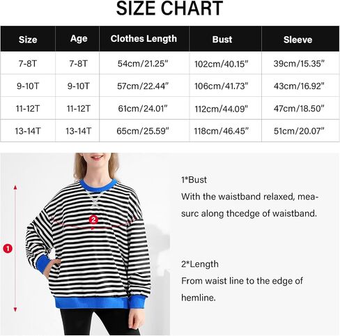 Girls Oversized Sweatshirt Striped Color Block Crewneck with Pockets Pullover Tops Long Sleeve Shirts 7-14 Years in Kuwait