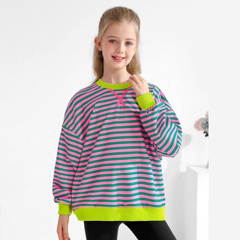 Girls Oversized Sweatshirt Striped Color Block Crewneck with Pockets Pullover Tops Long Sleeve Shirts 7-14 Years in Kuwait