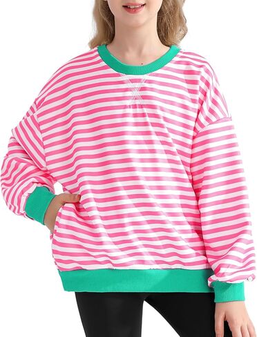 سويت شيرت بناتي كبير الحجم مخطط كتلة الألوان بياقة دائرية مع جيوب بلوفر وأكمام طويلة قمصان 7-14 سنة in Kuwait