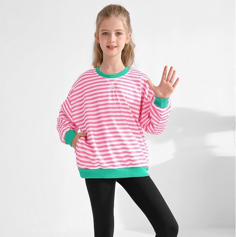 سويت شيرت بناتي كبير الحجم مخطط كتلة الألوان بياقة دائرية مع جيوب بلوفر وأكمام طويلة قمصان 7-14 سنة in Kuwait