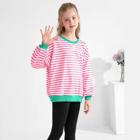 سويت شيرت بناتي كبير الحجم مخطط كتلة الألوان بياقة دائرية مع جيوب بلوفر وأكمام طويلة قمصان 7-14 سنة in Kuwait