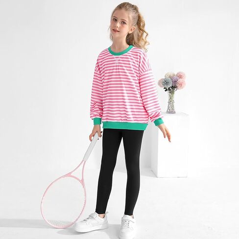 سويت شيرت بناتي كبير الحجم مخطط كتلة الألوان بياقة دائرية مع جيوب بلوفر وأكمام طويلة قمصان 7-14 سنة in Kuwait