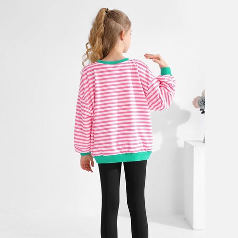 سويت شيرت بناتي كبير الحجم مخطط كتلة الألوان بياقة دائرية مع جيوب بلوفر وأكمام طويلة قمصان 7-14 سنة in Kuwait