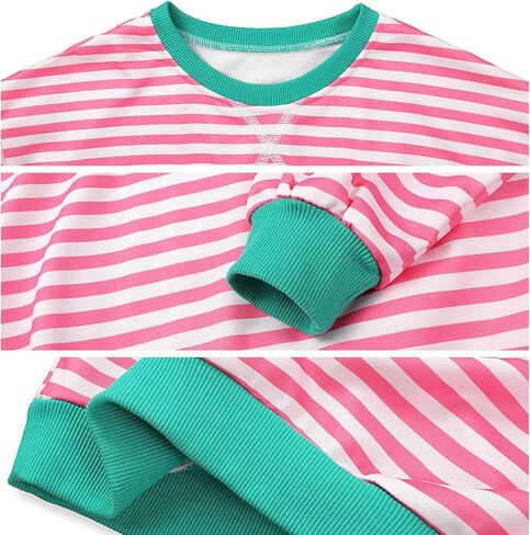 سويت شيرت بناتي كبير الحجم مخطط كتلة الألوان بياقة دائرية مع جيوب بلوفر وأكمام طويلة قمصان 7-14 سنة in Kuwait