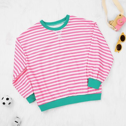 سويت شيرت بناتي كبير الحجم مخطط كتلة الألوان بياقة دائرية مع جيوب بلوفر وأكمام طويلة قمصان 7-14 سنة in Kuwait