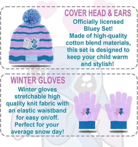 Disney Lilo and Stitch Kids Beanie Hat and Glove Set for Girls – Blue Stitch Hat for Girls Ages 5-13 in Saudi Arabia