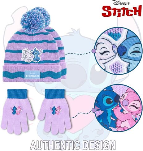 Disney Lilo and Stitch Kids Beanie Hat and Glove Set for Girls – Blue Stitch Hat for Girls Ages 5-13 in Saudi Arabia