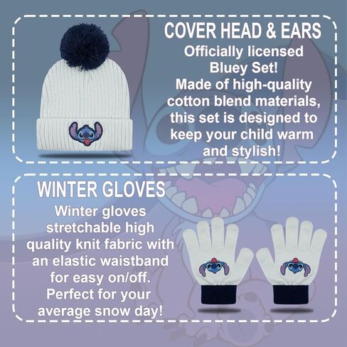 Disney Lilo and Stitch Kids Beanie Hat and Glove Set for Girls – Blue Stitch Hat for Girls Ages 5-13 in Saudi Arabia