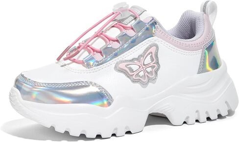 LUCKY STEP Kids Chunky Sneakers Fashion Platform Walking Tennis Shoe Sparkly Butterfly Faux Leather Elastic No-tie Laces School Shoes for Girls Boys in Saudi Arabia