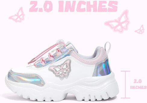 LUCKY STEP Kids Chunky Sneakers Fashion Platform Walking Tennis Shoe Sparkly Butterfly Faux Leather Elastic No-tie Laces School Shoes for Girls Boys in Saudi Arabia