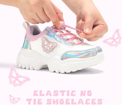 LUCKY STEP Kids Chunky Sneakers Fashion Platform Walking Tennis Shoe Sparkly Butterfly Faux Leather Elastic No-tie Laces School Shoes for Girls Boys in Saudi Arabia