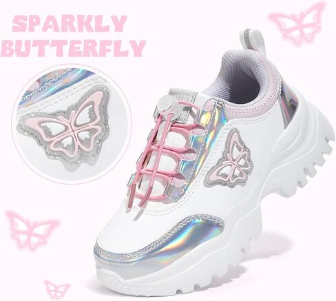 LUCKY STEP Kids Chunky Sneakers Fashion Platform Walking Tennis Shoe Sparkly Butterfly Faux Leather Elastic No-tie Laces School Shoes for Girls Boys in Saudi Arabia