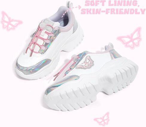 LUCKY STEP Kids Chunky Sneakers Fashion Platform Walking Tennis Shoe Sparkly Butterfly Faux Leather Elastic No-tie Laces School Shoes for Girls Boys in Saudi Arabia