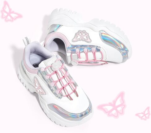 LUCKY STEP Kids Chunky Sneakers Fashion Platform Walking Tennis Shoe Sparkly Butterfly Faux Leather Elastic No-tie Laces School Shoes for Girls Boys in Saudi Arabia