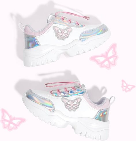 LUCKY STEP Kids Chunky Sneakers Fashion Platform Walking Tennis Shoe Sparkly Butterfly Faux Leather Elastic No-tie Laces School Shoes for Girls Boys in Saudi Arabia