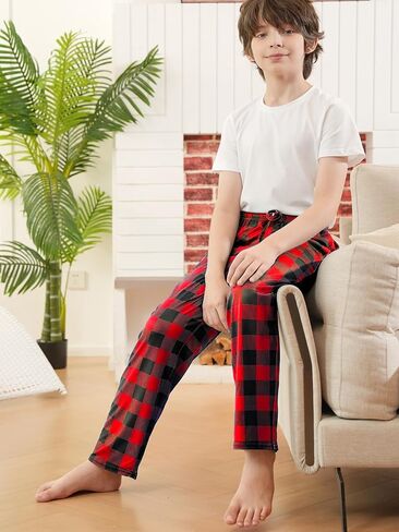 Cooraby Boys Plaid Pants Boys Girls Printed Plaid Pants with Pockets Drawstring Elastic Waist Plaid Pants for Christmas in Kuwait
