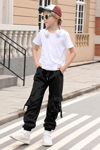 RAISEVERN Boys Cargo Joggers Pants Elastic Waist Casual Jogging Trousers with 6 Pockets 7-14 Years in Saudi Arabia