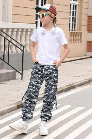 RAISEVERN Boys Cargo Joggers Pants Elastic Waist Casual Jogging Trousers with 6 Pockets 7-14 Years in Saudi Arabia