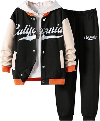 SweatyRocks Boy's 2 Piece Outfits Letter Printed Colorblock Bomber Jackets and Pants Set in Saudi Arabia