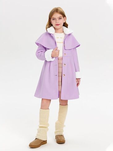 Haloumoning Girls Button Down Dress Coat Kids Winter Faux Fur Peacoat Jackets Outerwear with Pockets in Saudi Arabia