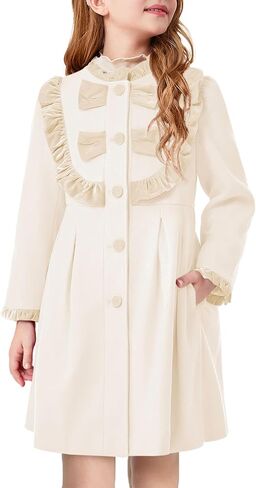 Haloumoning Girls Dress Coat Kids Ruffle Button Down Cute Bow Long Winter Jackets with Pockets 3-12 Years in Kuwait