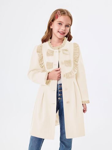 Haloumoning Girls Dress Coat Kids Ruffle Button Down Cute Bow Long Winter Jackets with Pockets 3-12 Years in Kuwait
