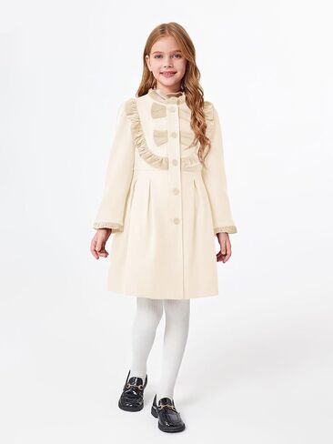 Haloumoning Girls Dress Coat Kids Ruffle Button Down Cute Bow Long Winter Jackets with Pockets 3-12 Years in Kuwait