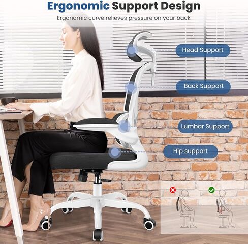 كرسي مكتب مريح، كرسي مكتب شبكي عالي الظهر مع دعم أسفل الظهر ومسند رأس قابل للتعديل، كرسي مهام الكمبيوتر مع مساند للذراعين قابلة للطي، كراسي تنفيذية دوارة للمكتب المنزلي (أسود) in Kuwait