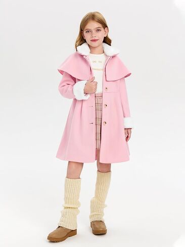 Haloumoning Girls Button Down Dress Coat Kids Winter Faux Fur Peacoat Jackets Outerwear with Pockets in Saudi Arabia