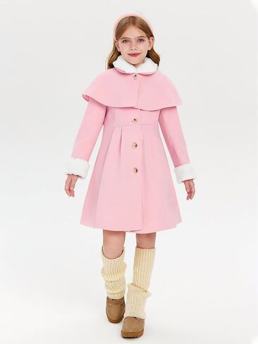 Haloumoning Girls Button Down Dress Coat Kids Winter Faux Fur Peacoat Jackets Outerwear with Pockets in Saudi Arabia