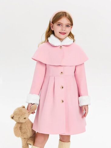 Haloumoning Girls Button Down Dress Coat Kids Winter Faux Fur Peacoat Jackets Outerwear with Pockets in Saudi Arabia