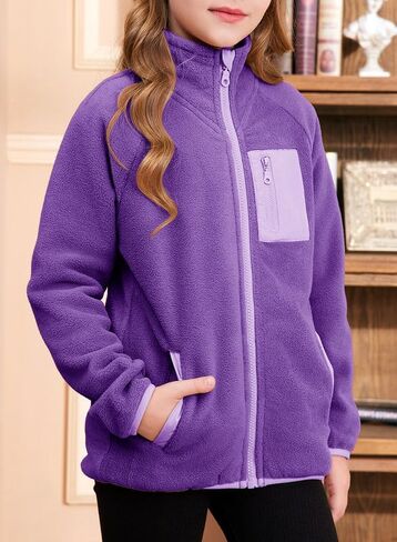 Girls Fleece Jacket Full Zip Fall Winter Soft Sherpa Coat Outwear with Pockets in Saudi Arabia