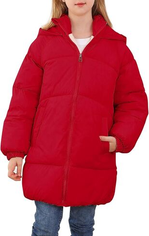 UNIFACO Girls Winter Coats Hooded Puffer Jackets Medium Length Down-like Cotton Coats Snow Outwear 5-12Y in Kuwait