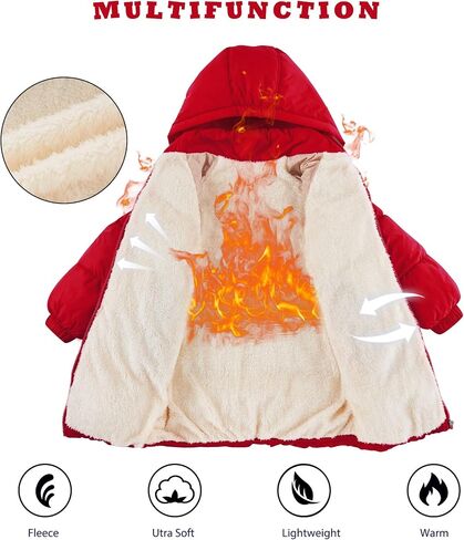 UNIFACO Girls Winter Coats Hooded Puffer Jackets Medium Length Down-like Cotton Coats Snow Outwear 5-12Y in Kuwait