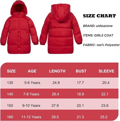 UNIFACO Girls Winter Coats Hooded Puffer Jackets Medium Length Down-like Cotton Coats Snow Outwear 5-12Y in Kuwait