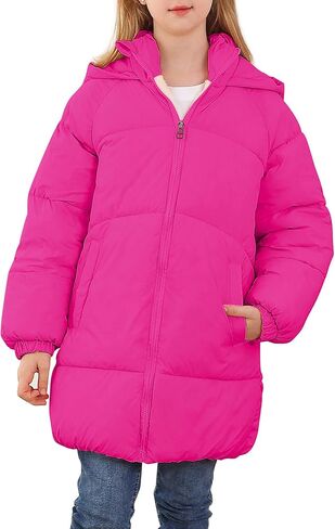 UNIFACO Girls Winter Coats Hooded Puffer Jackets Medium Length Down-like Cotton Coats Snow Outwear 5-12Y in Kuwait