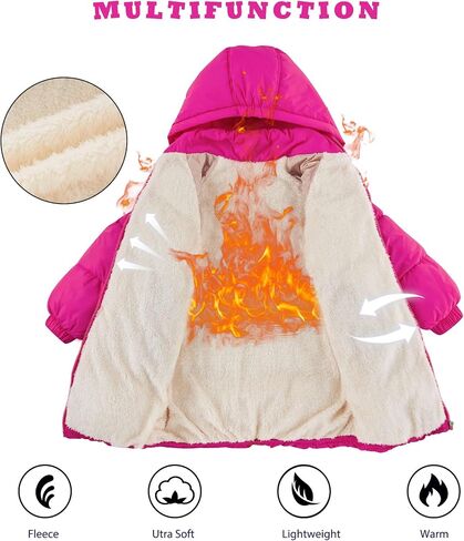 UNIFACO Girls Winter Coats Hooded Puffer Jackets Medium Length Down-like Cotton Coats Snow Outwear 5-12Y in Kuwait