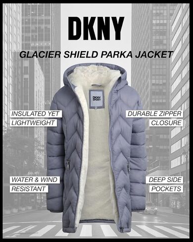 معطف شتوي للفتيات من DKNY - سترة سترة درع جليدي مبطنة بالكامل بصوف الشيربا، وقلنسوة مزخرفة بالفرو (7-16) in Kuwait