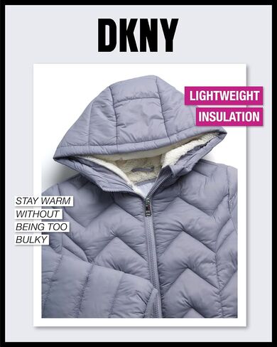 معطف شتوي للفتيات من DKNY - سترة سترة درع جليدي مبطنة بالكامل بصوف الشيربا، وقلنسوة مزخرفة بالفرو (7-16) in Kuwait
