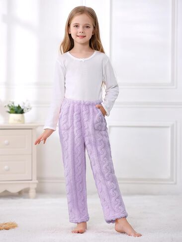 Umeyda Girl's Women's Fuzzy Pajama Pants Elastic Waist Fleece Plush Loungewear Pj Pants with Pockets, 6Years-XL in Saudi Arabia