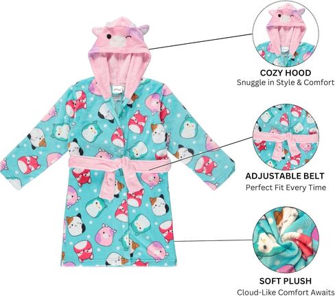 رداء بغطاء للرأس من الصوف للفتيات من Squishmallow - رداء حمام سبا للأطفال من القطيفة فائق النعومة مع جيوب، مقاسات 6-12 - منتج رسمي in Saudi Arabia