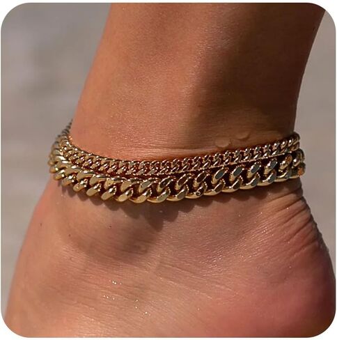 Foxgirl Gold Ankle Bracelets for Women 14K Gold Plated/Silver Anklets for Women Waterproof Minimalist Cuban Link Anklets Set Dainty Layered Ankle Bracelets Anklets for Women Gold Anklet Jewelry Gifts in Kuwait
