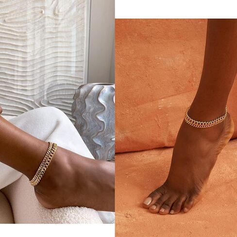 Foxgirl Gold Ankle Bracelets for Women 14K Gold Plated/Silver Anklets for Women Waterproof Minimalist Cuban Link Anklets Set Dainty Layered Ankle Bracelets Anklets for Women Gold Anklet Jewelry Gifts in Kuwait