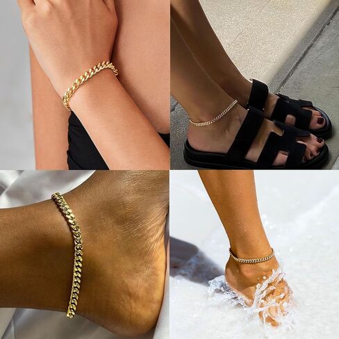 Foxgirl Gold Ankle Bracelets for Women 14K Gold Plated/Silver Anklets for Women Waterproof Minimalist Cuban Link Anklets Set Dainty Layered Ankle Bracelets Anklets for Women Gold Anklet Jewelry Gifts in Kuwait