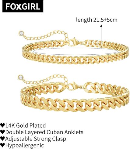 Foxgirl Gold Ankle Bracelets for Women 14K Gold Plated/Silver Anklets for Women Waterproof Minimalist Cuban Link Anklets Set Dainty Layered Ankle Bracelets Anklets for Women Gold Anklet Jewelry Gifts in Kuwait