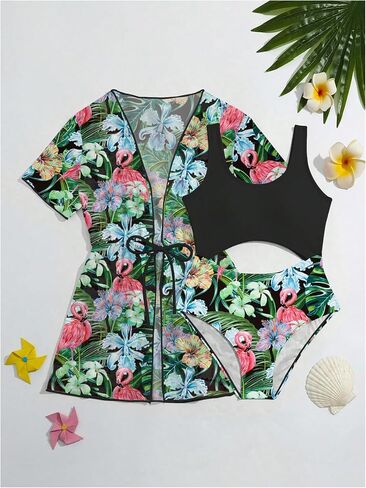 Milumia Girl's 2 Piece Tropical Floral Cutout Swimsuit Coverup Bathing Suit in Saudi Arabia