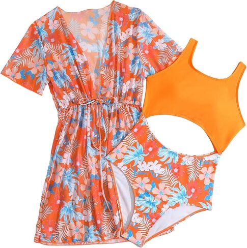 Milumia Girl's 2 Piece Tropical Floral Cutout Swimsuit Coverup Bathing Suit in Saudi Arabia