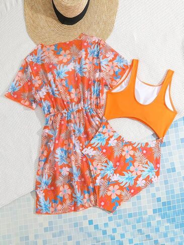 Milumia Girl's 2 Piece Tropical Floral Cutout Swimsuit Coverup Bathing Suit in Saudi Arabia