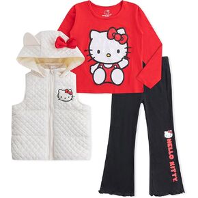 Hello Kitty Sanrio Girls 3 Piece Long Sleeve Shirt, Hooded Vest, and Flared Pants Set with Ears for Big Kids