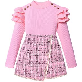 Girls Clothes Skirt Set Fall Winter Long Sleeve Ruffle Top And Plaid Skirt Girls Clothing Set 2 Piece Outfit